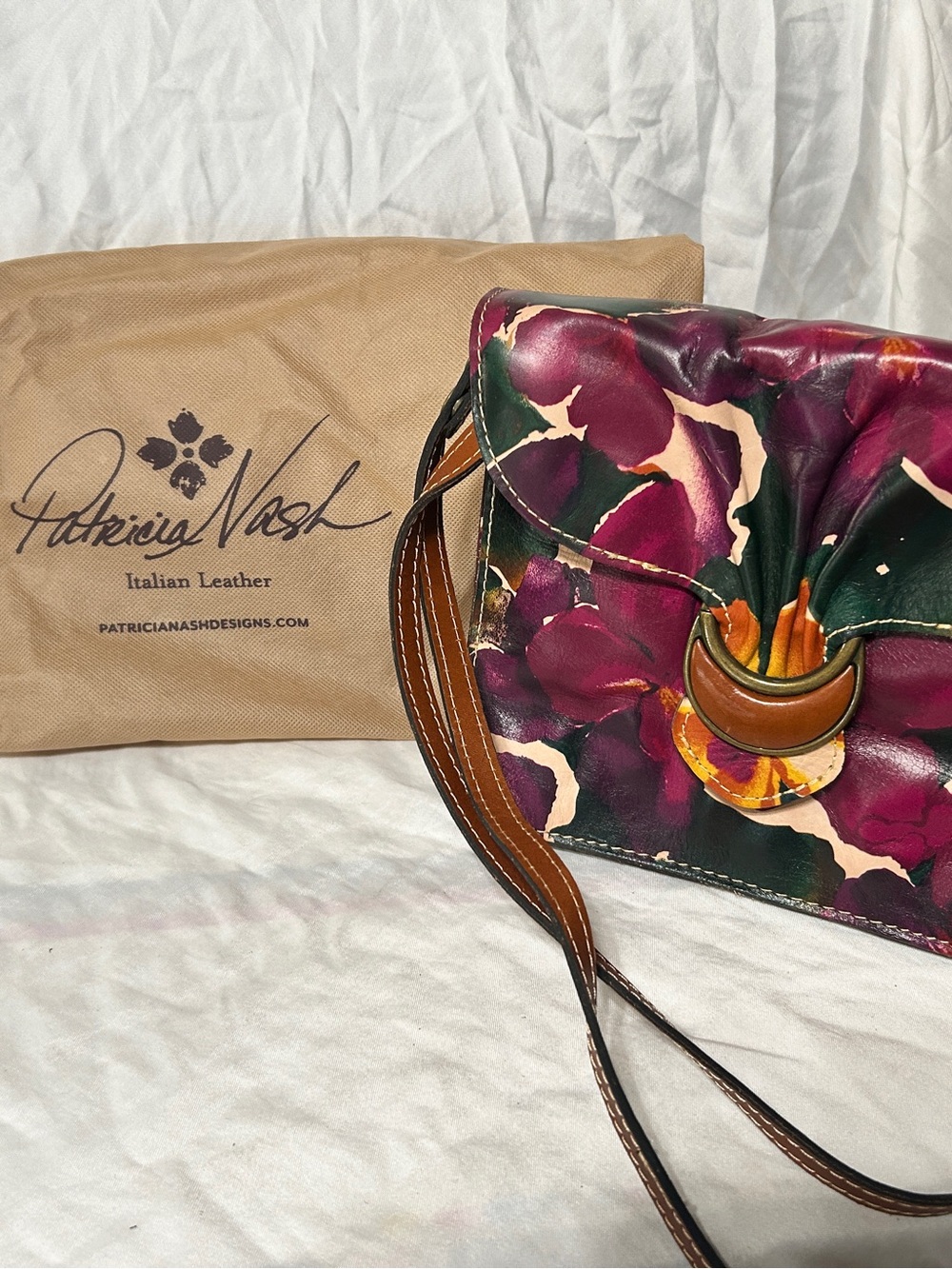 Patricia Nash Floral Leather Shoulder Bag in Purple, Green and Brown